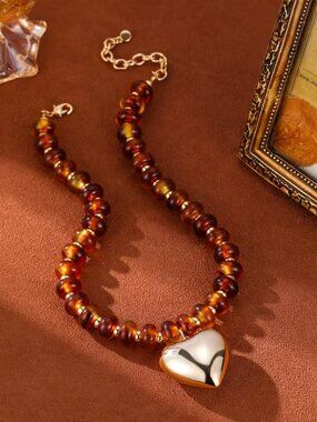 Amber Chunky Bead Necklace with Large Gold‎ Heart (NEW & BEAUTIFUL!)